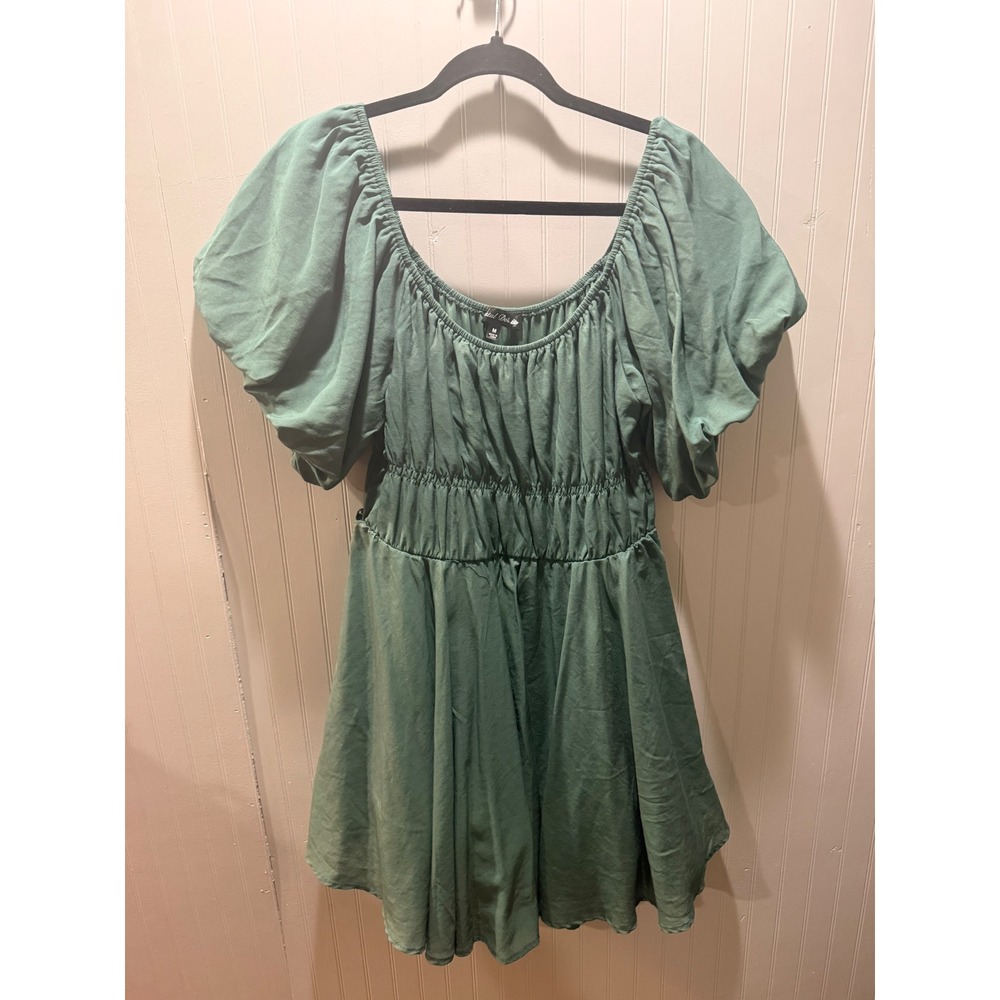 Crystal Doll Green Smocked Waist Puff Sleeve‎ Mini Dress Cottagecore Womens Med